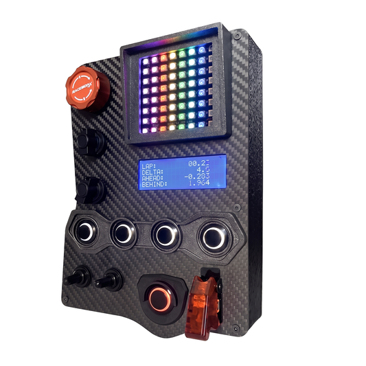 GT3-PRO Carbon Fiber Button Box with Flag & Data Display on a pure white background
