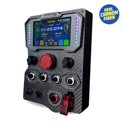 GTE Carbon Fiber Sim Racing Button Box with 5" Display on a pure white background